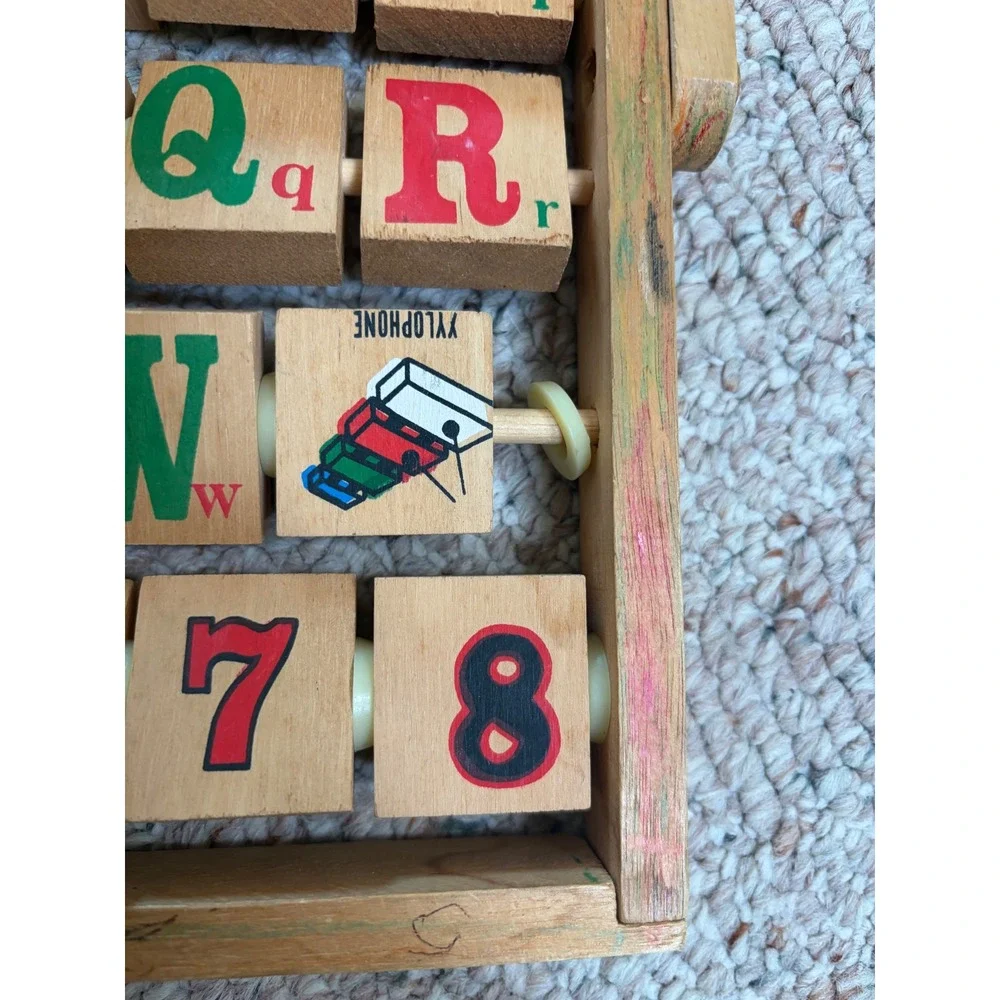 Vintage Wooden Alphabet Abacus Learning Toy Letters Numbers Blocks